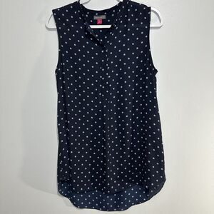 Vince Camuto Women's M Blouse Navy Blue Polka Dots Sleeveless Pullover Sheer Top